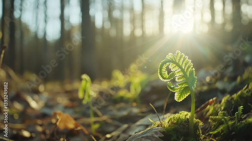 Delicate ferns emerge from the forest floor, basking in the soft, warm light of the early morning sun filtering through tall trees, creating a serene atmosphere