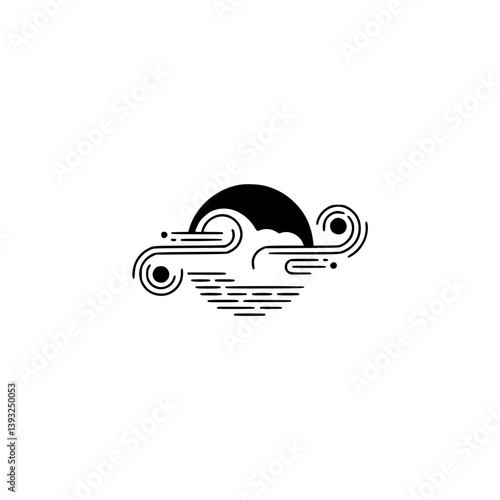 Abstract Weather Icon: Black Sun, Wind, and Sea, Minimalist Design