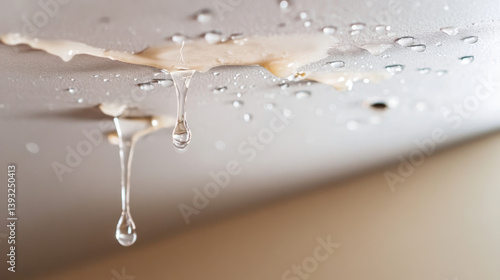 Water stains have formed on the ceiling with moisture dripping down in a home setting. The condition highlights potential plumbing or roof issues needing urgent attention