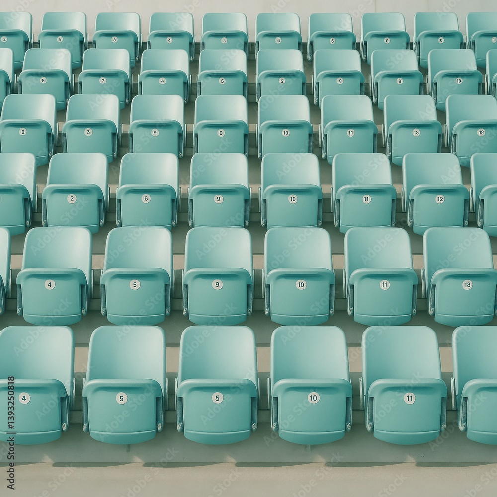Naklejka premium Symmetrical rows of empty turquoise stadium seats in bright light, generative AI