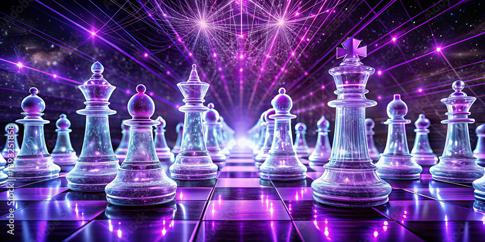 A chess game unfolds in a vibrant, futuristic environment filled with neon lights and glowing pieces. The cosmic backdrop enhances the intense atmosphere of strategic play A chess game unfolds in a vibrant, futuristic environment filled with neon lights and glowing pieces. The cosmic backdrop enhances the intense atmosphere of strategic play