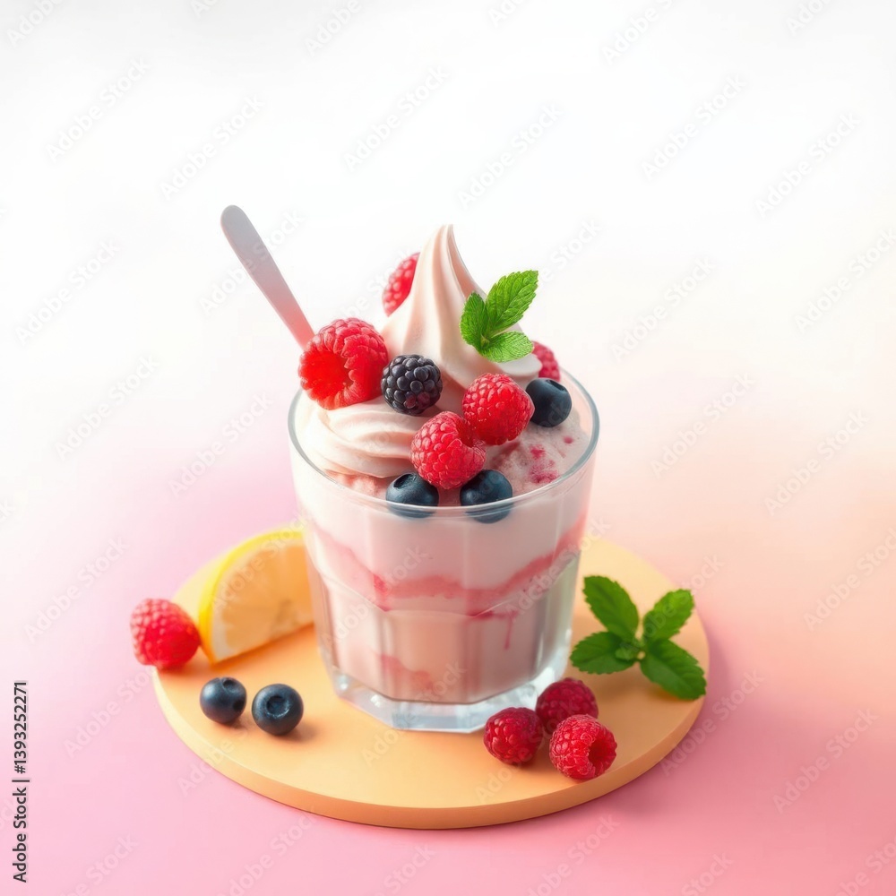Berry Delight: A swirl of light pink soft-serve ice cream with a fresh berry medley, topped with mint leaves. Berry Delight: A swirl of light pink soft-serve ice cream with a fresh berry medley, topped with mint leaves.