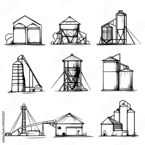 Collection of Grain elevators line vector designs, Grain elevators vector graphics