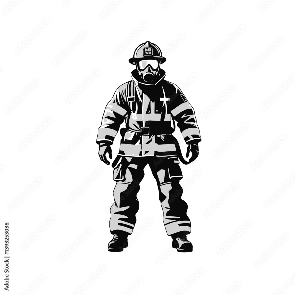 Detailed illustration of a firefighter in full gear ready for action during an emergency response in a city setting Detailed illustration of a firefighter in full gear ready for action during an emergency response in a city setting