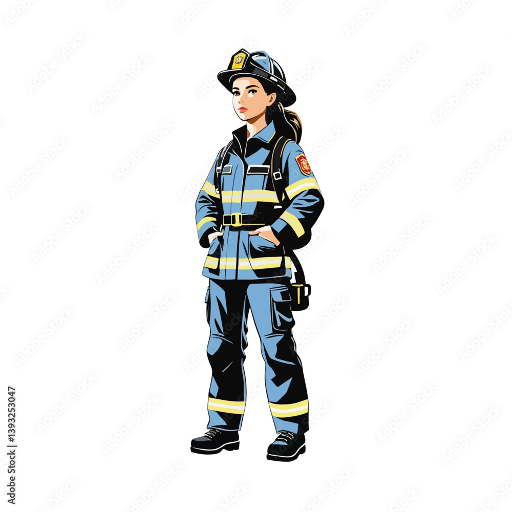 Detailed illustration of a young female firefighter in full gear ready for action during an emergency response in a city setting Detailed illustration of a young female firefighter in full gear ready for action during an emergency response in a city setting