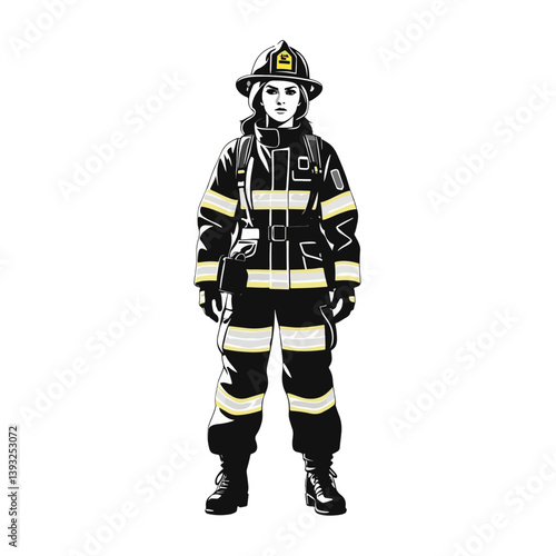 Detailed illustration of a female firefighter in full gear ready for action during an emergency response in a city setting
