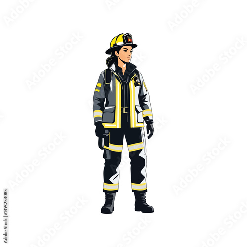 Detailed illustration of a female firefighter in full gear ready for action during an emergency response in a city setting