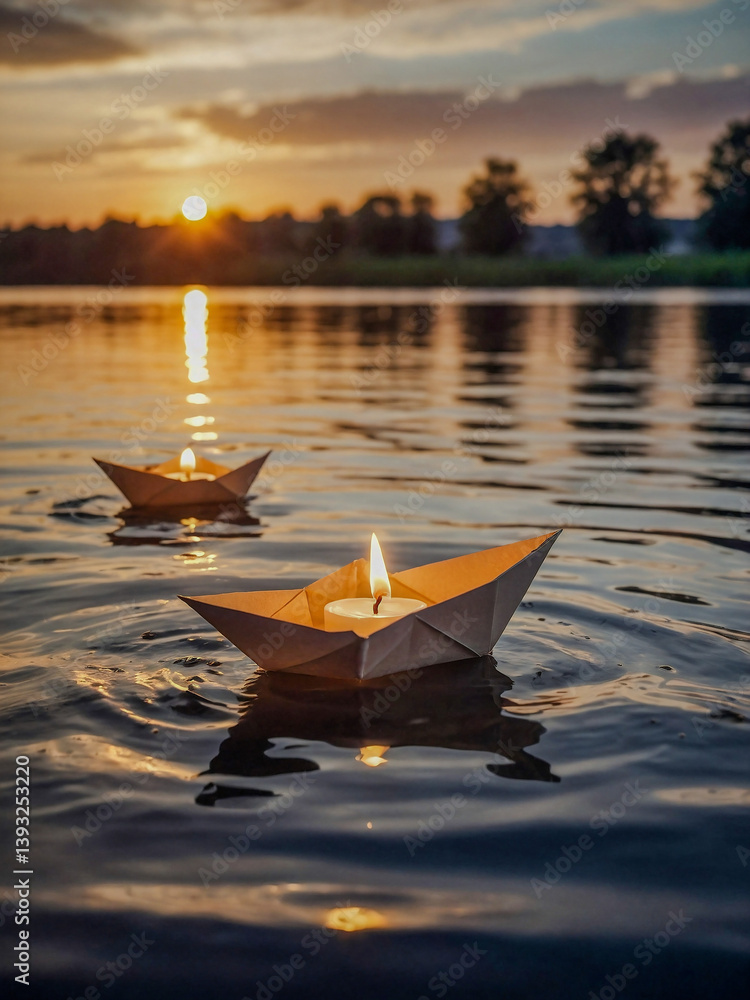 Floating paper boats with candles on a serene river at sunset.