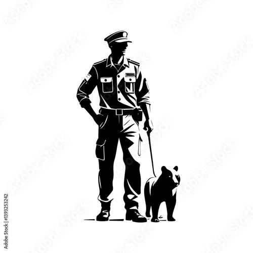 Zookeeperwalking two dogs in urban park setting while wearing official uniform and demonstrating strong leadership