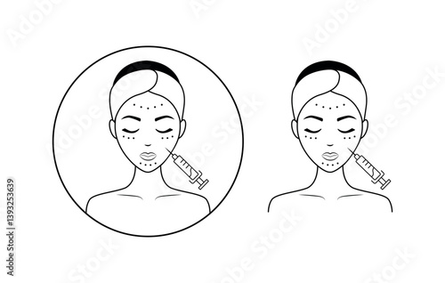 The icon of the line of skin mesotherapy, skin care and cosmetology for facial care. Vector symbol of the facial skin care, dermatology and cosmetology line with the image of a woman giving mesotherap