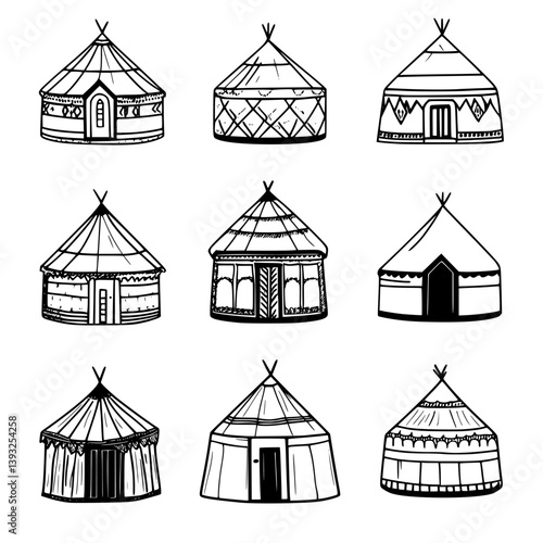 Collection of Yurts line vector designs, Yurts vector graphics