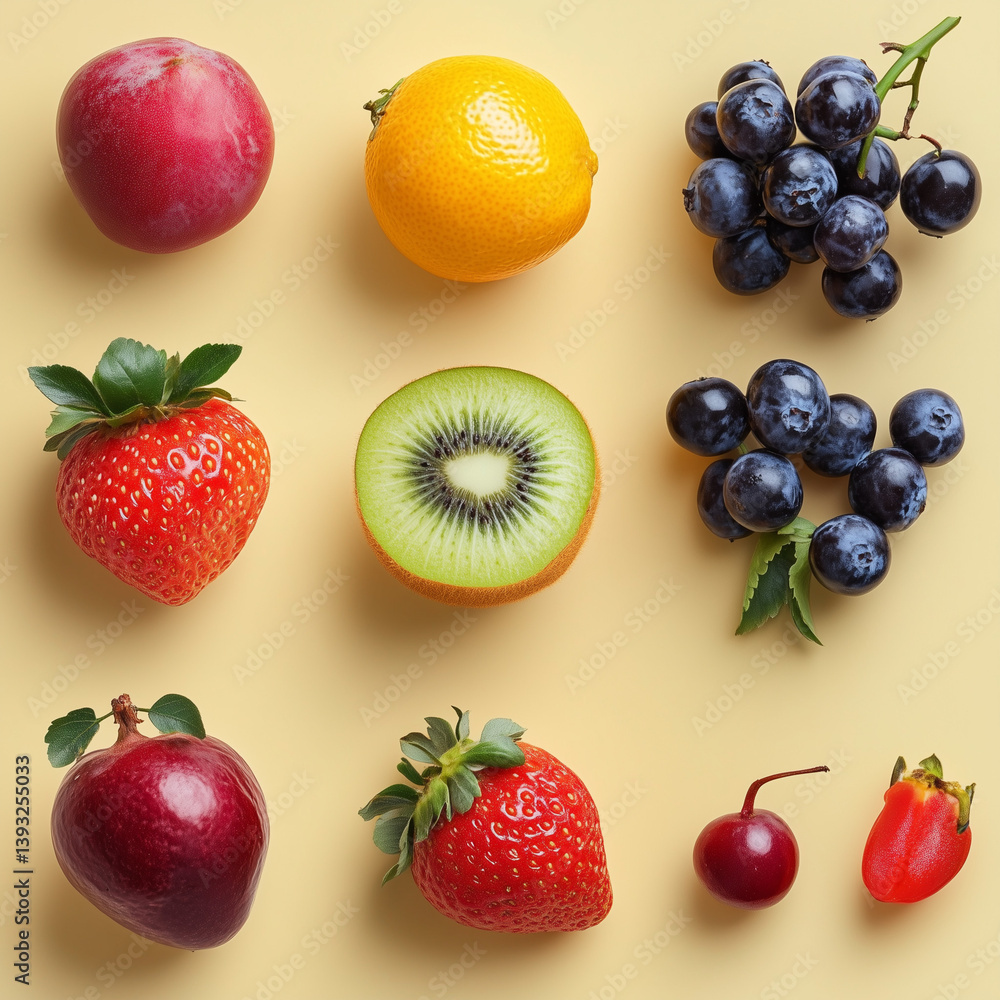 Fresh colorful fruit arrangement on pastel background showcasing healthy eating Fresh colorful fruit arrangement on pastel background showcasing healthy eating