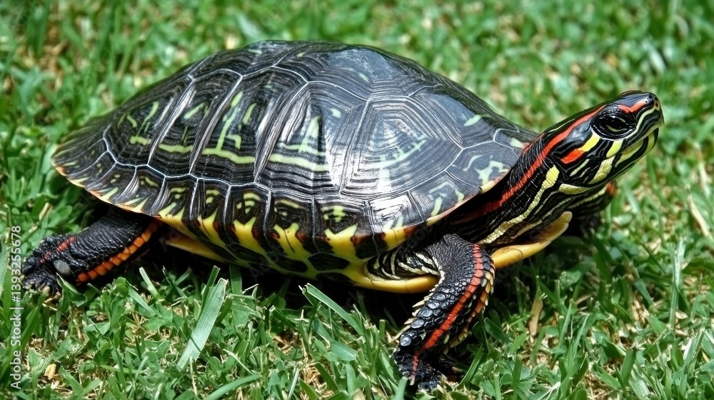 Fototapeta premium A turtle positioned diagonally on sunlit grass, soft shadows highlighting shell ridges