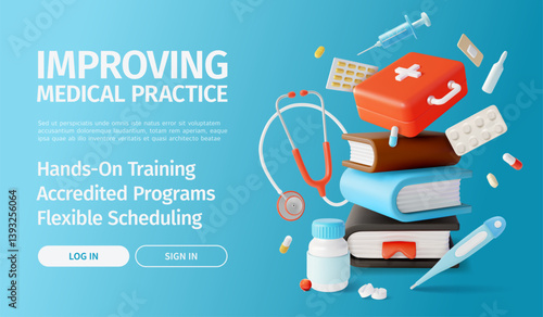 3d Improving Medical Practice Concept Ads Banner Poster Card Hands on Training Accredited Programs and Flexible Scheduling. Vector illustration