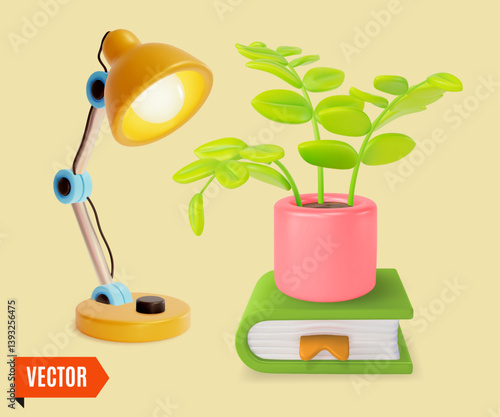 3d Home Plant on Top of Book and Table Lamp Indoor Gardening Education Concept Cartoon Design Style. Vector illustration