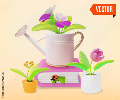 3d Watering Can on Top of Book and Home Plants Houseplant for Beginners Education Concept Cartoon Design Style. Vector illustration