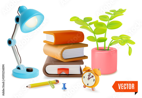 3d Pile of Books, Table Lamp, Alarm Clock and Houseplant Home Education Concept Cartoon Design Style. Vector illustration