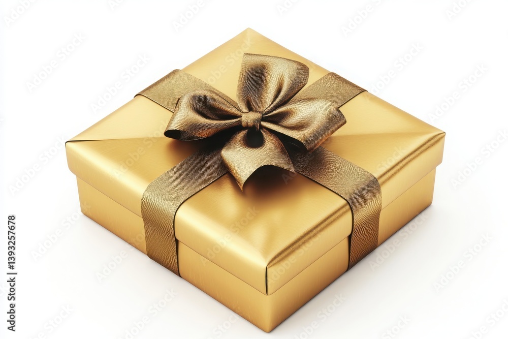 A golden gift box with a ribbon sitting on a white surface alone here A golden gift box with a ribbon sitting on a white surface alone here