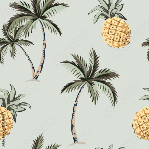 Tropical palm trees, yellow pineapple fruits, light green background. Vector seamless pattern. Floral illustration. Exotic summer beach design. Paradise nature