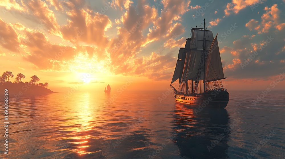 Fototapeta premium A Large Sailing Ship Sails Through Water At Sunset