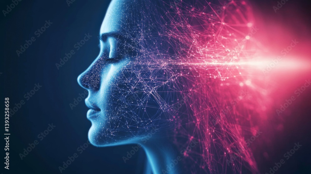 Futuristic female profile with neon cybernetic network design for tech innovations Futuristic female profile with neon cybernetic network design for tech innovations