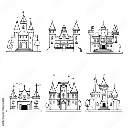 Collection of Chateaus line vector designs, Chateaus illustration art