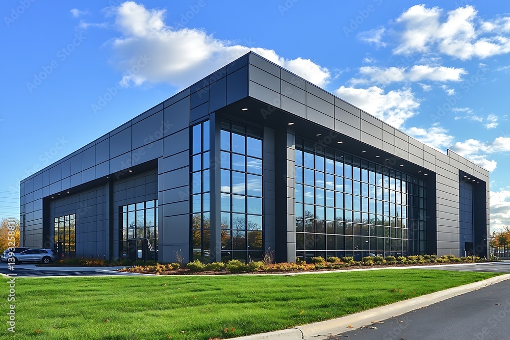Modern Black Office Building Exterior on Sunny Day with Blue Skies and Green Lawn Real Estate and Architecture : Generative AI Modern Black Office Building Exterior on Sunny Day with Blue Skies and Green Lawn Real Estate and Architecture : Generative AI