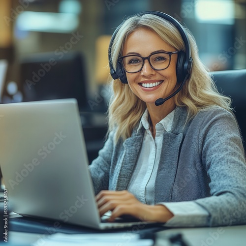 A woman wearing glasses and a headset is smiling while working on a laptop. She is happy and focused on her work