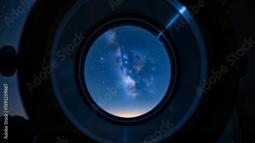 Night sky view through telescope lens with stars and galaxies  