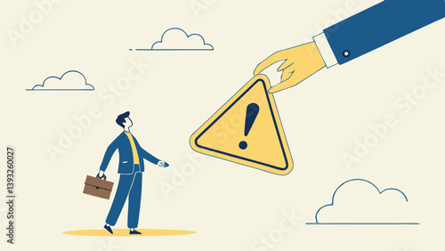 Warning Sign Overshadowing Businessman Represents Risk Management And Potential Threats