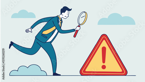 Businessman Runs Towards Exclamation Mark Warning Sign With Magnifying Glass