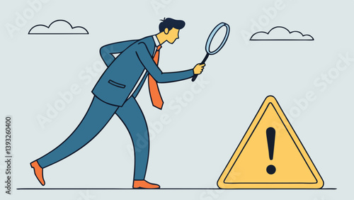 Businessman With Magnifying Glass Investigating Hazard Warning Alert Sign