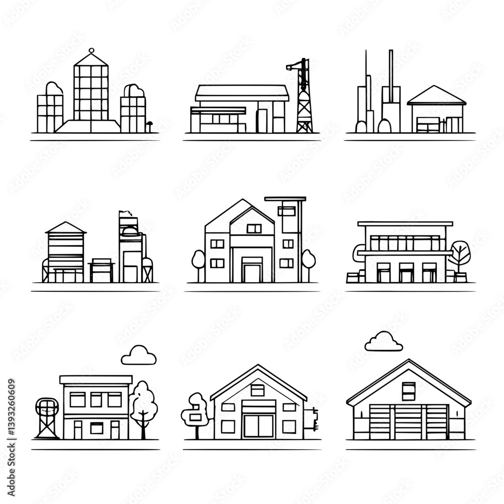 Collection of Utility buildings line vector designs, Utility buildings illustration art