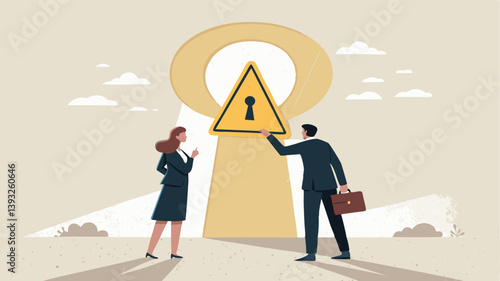 Business People Fixing Problem Warning Sign Concept With Keyhole Illustration Vector