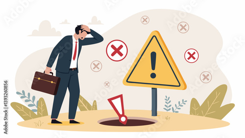 Businessman Facing Business Risk Near Hole Marked With Danger Signs