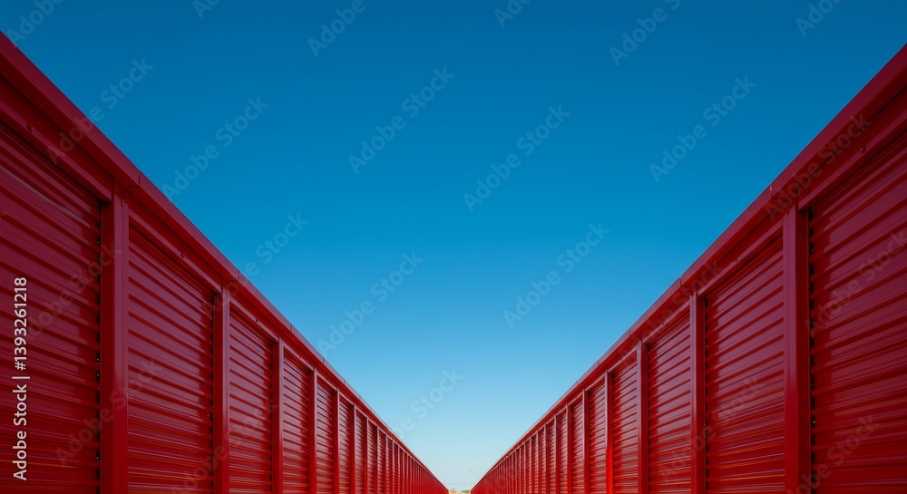 Fototapeta premium Red Storage Units Against Blue Sky - Rows of vibrant red storage units stretch towards a clear blue sky, creating a striking visual contrast