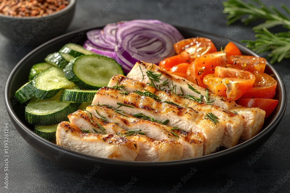 Grilled chicken breast slices served with sliced cucumbers, red onions, and cherry tomatoes on a dark plate. Grilled chicken breast slices served with sliced cucumbers, red onions, and cherry tomatoes on a dark plate.