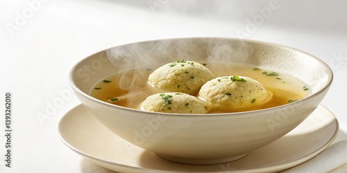 Steaming Matzah Ball Soup in Bowl, Parsley Garnish ,Jewish Food