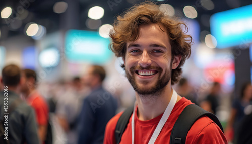 Young man smiles at lively convention. Positive engagement, networking, communication with people. Conference event, enthusiasm, casual attire in modern tech atmosphere.