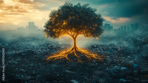 Vibrant tree of life illuminated in urban wasteland amidst twilight glow
