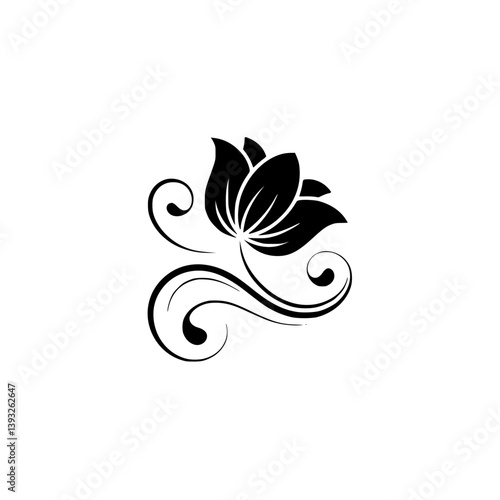 Elegant Black Floral Design with Swirls, Vector Art, Minimalist Style