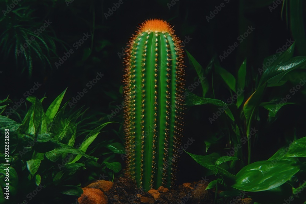 Naklejka premium A vibrant cactus stands tall amidst lush greenery