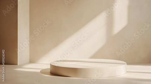 Beige room round podium window light shadow minimalist product display clean