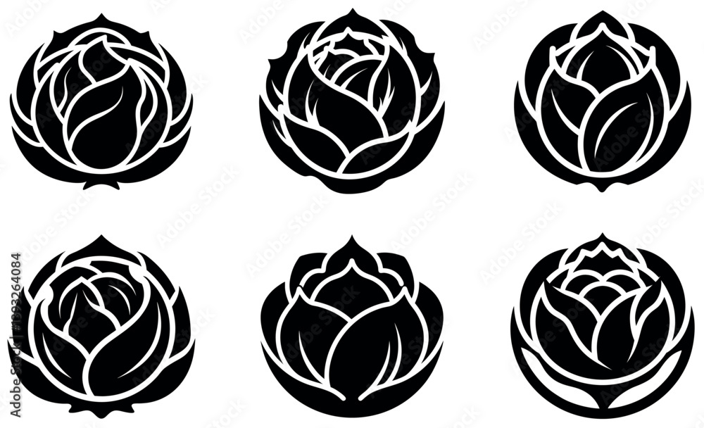 Cabbage Silhouettes Set – Vegetable Icons with Leafy Patterns for Food, Farming, and Design Cabbage Silhouettes Set – Vegetable Icons with Leafy Patterns for Food, Farming, and Design