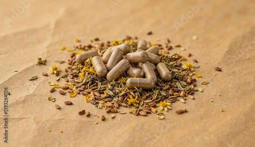 Pile of herbal capsules, earthy tones, showcasing natural supplements against a rustic backdrop