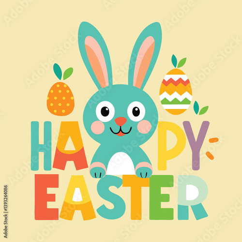 Cute cartoon rabbit with a colorful easter egg for a happy spring holiday celebration card