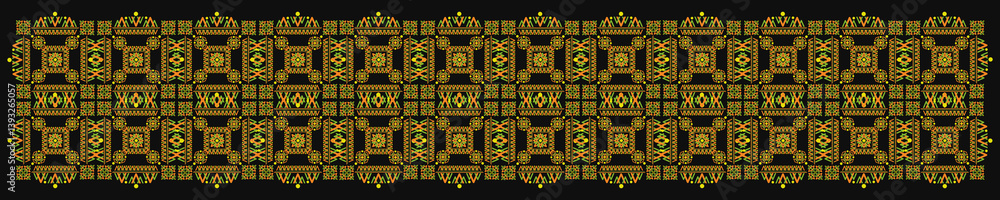 Ukrainian pattern. Ukrainian embroidery. Yellow patterns on a dark background. Wide background stripe Ukrainian pattern. Ukrainian embroidery. Yellow patterns on a dark background. Wide background stripe