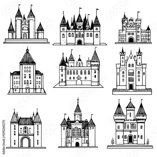 Collection of Chateaus line vector designs, Chateaus vector illustrations