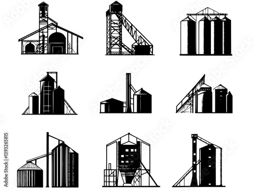 Collection of Grain elevators vector icons, Grain elevators illustration art