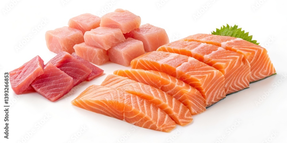 Assorted Sashimi Tuna, Salmon and Cubed Fish on White, Seafood , Japanese food Assorted Sashimi Tuna, Salmon and Cubed Fish on White, Seafood , Japanese food